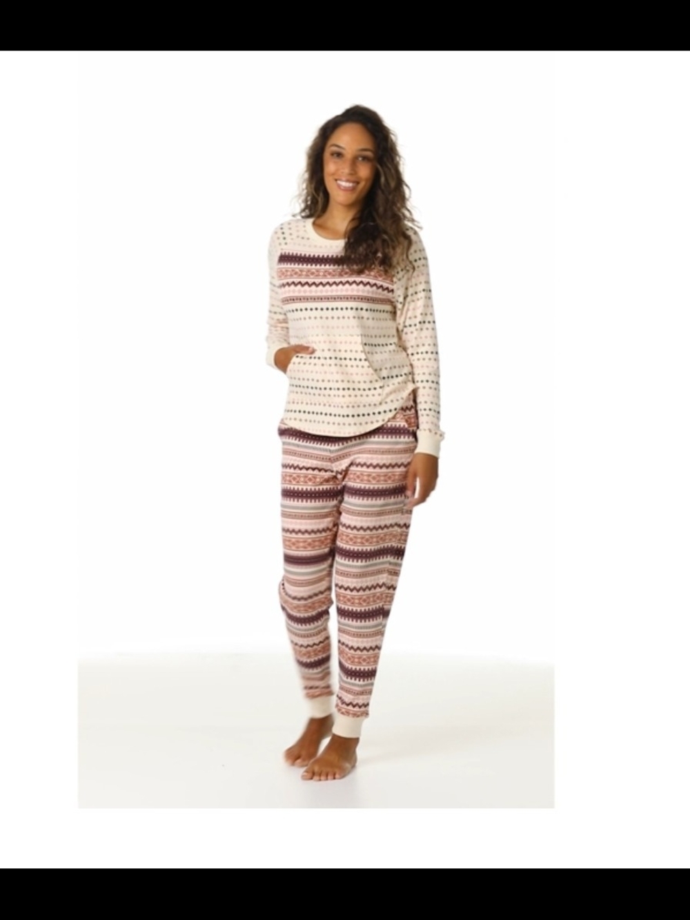 Cuddl Duds NWT Cream Fair Isle Crewneck PJ Set with Pink & Brown Accents XXL - Picture 15 of 15